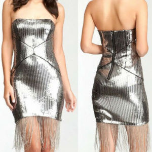 💋 Bebe silver sequin tassel strapless dress M new RARE 💋